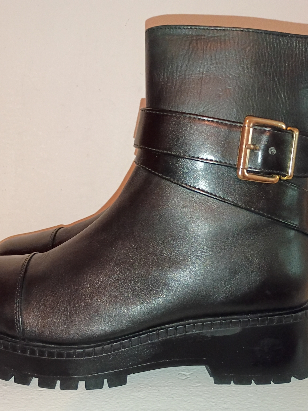 Crown Vintage Black Leather Ankle Boot with Gold Buckle
